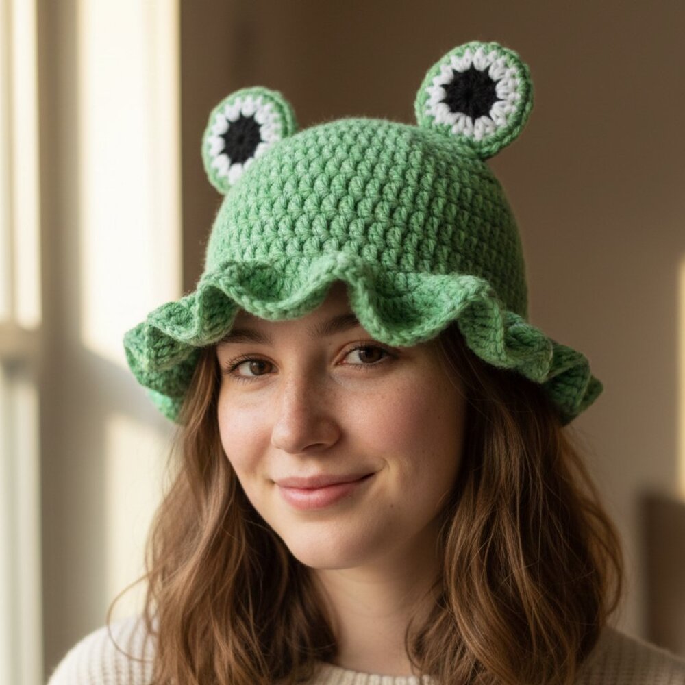 Handmade Crochet Ruffle  Frog    Bucket HatNew